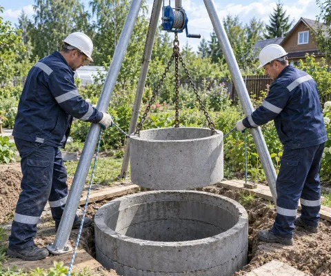 Опускание ремонтного кольца в шахту колодца