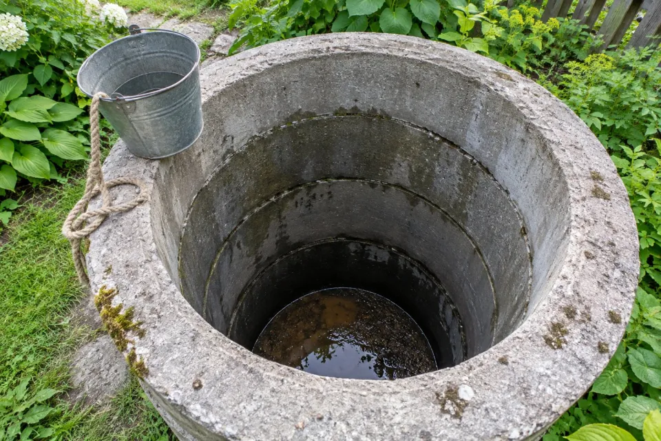 Обмелевший колодец из бетонных колец: на дне почти нет воды